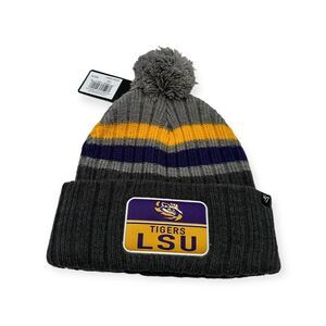 '47 LSU Tigers Beanie Gray Stack Striped Patch Pom Knit Cuff Hat Cap‎ Pom